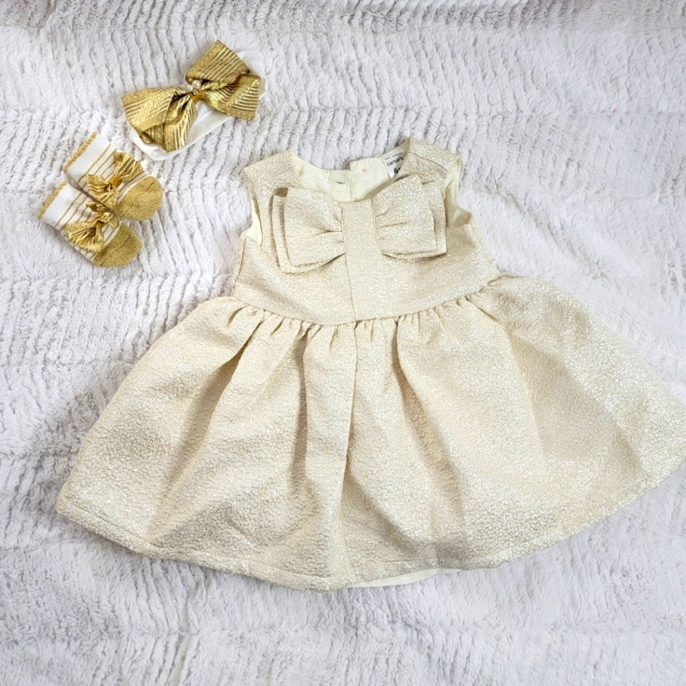 Carters cream gold color baby girl dress 6 months socks and head band